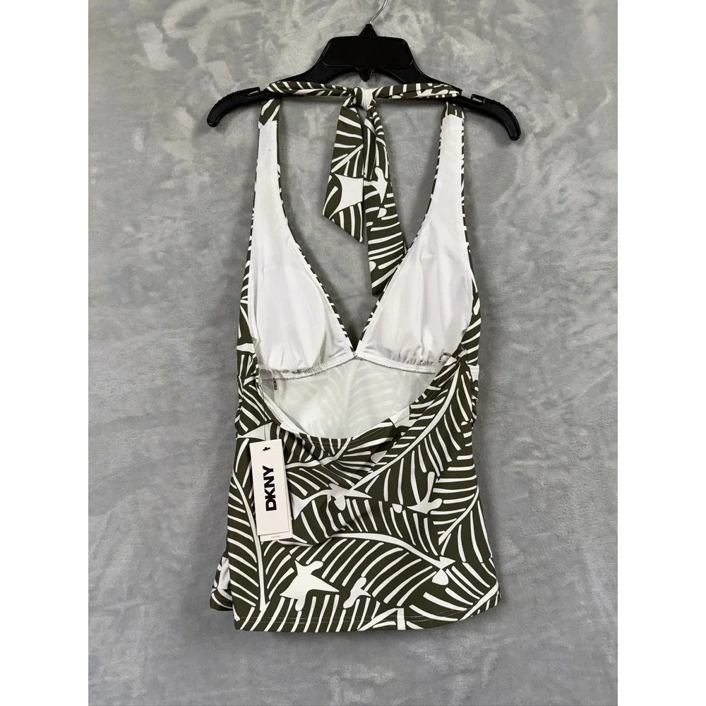 NWT DKNY Tankini Swim Top Womens Olive Green Tropical Palm Leaf Halter Small $60
